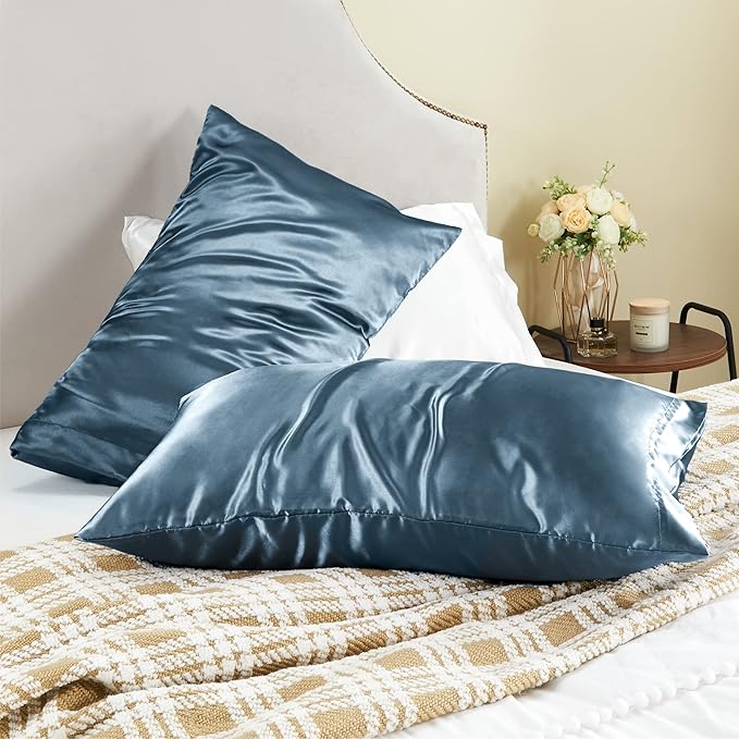 BEDELITE Satin Pillowcase for Hair and Skin, Super Soft and Cooling Similar to Silk Pillow Cases 2 Pack with Envelope Closure, Gift for Women Men(20"x26" Standard Size, Bluesteel)