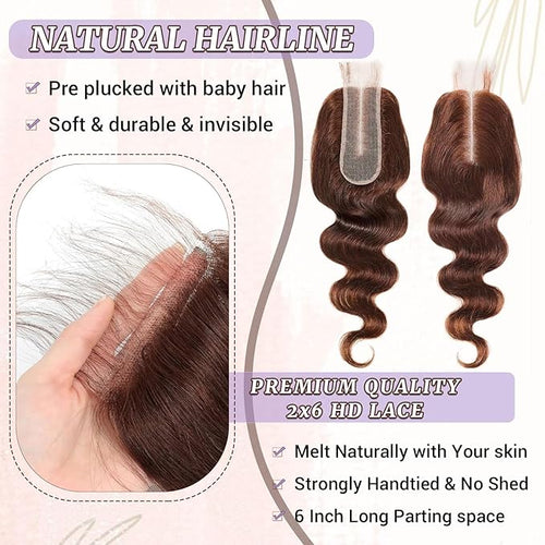 4# Chocolate Brown Color Body Wave 2x6 HD Lace Closure Human Hair Transparent Lace Closure 2x6 Long Middle Part 100% Raw Virgin Human Hair 12 Inch 150% Density