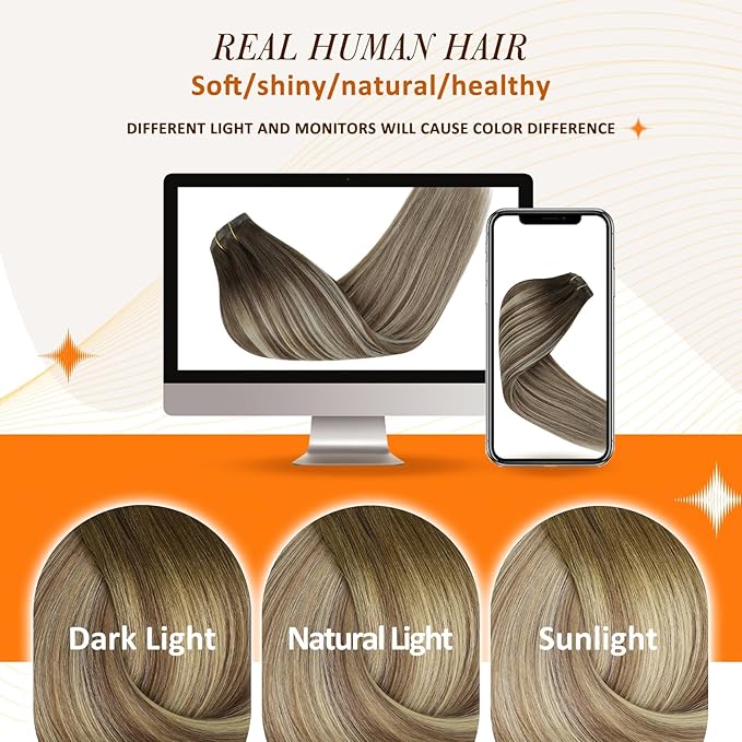 Full Shine Clip in Hair Extensions Brown Ombre Real Hair Clip in Extensions Light Brown Mix Blonde Seamless Human Hair Extension for Women Ease of Use 14 Inch 8 PCS 120G