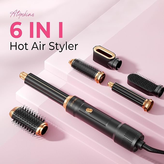 6 in 1 Air Styler Magic Hair Dryer Brush, Negative Ionic Blow Dryer Brush & 3 Heat Settings, Detachable Auto Curling & Straightening Volumizing, Frizz-Free Styling, Salon to Home Use (A-Black)