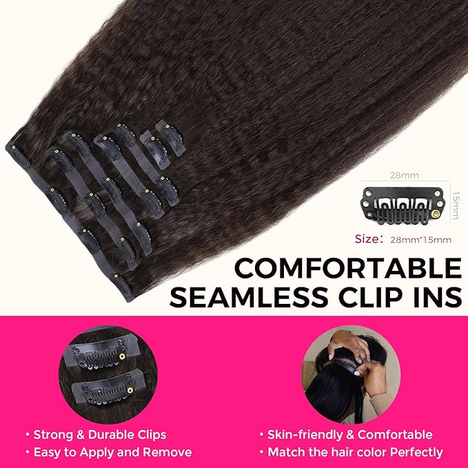 Lashey Seamless Clip in Hair Extensions Human Hair #2 Dark Brown Kinky Straight 7Pcs 110g 18inch Soft Flat PU Weft Real Human Hair Clip in for Women