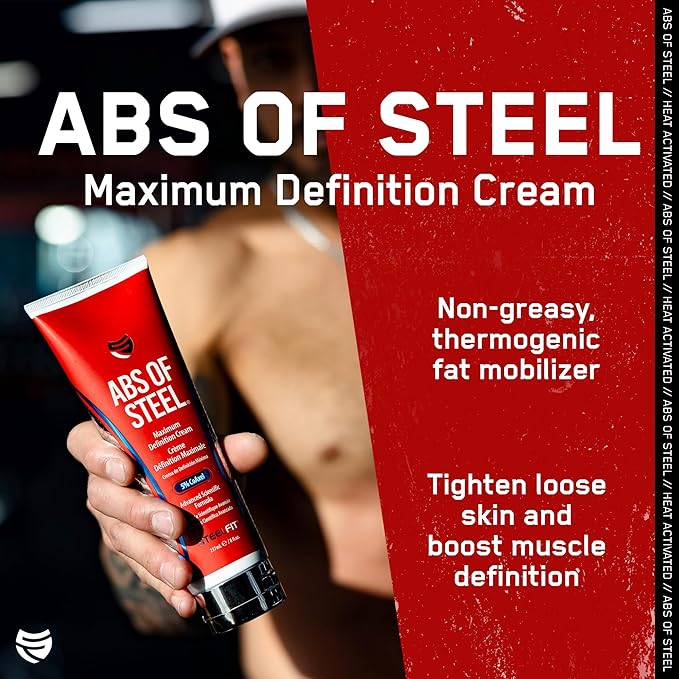 SteelFit Abs of Steel Maximum Definition Cream - Skin Tightening, Toning & Firming Lotion for Sculpting Abs - L-Carnitine Pre & Post Workout Supplement for Men & Women - Non-Greasy Formula, 8 Ounces