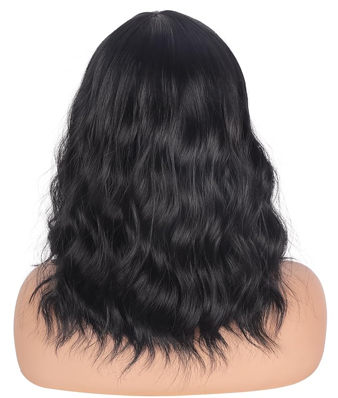 Shoulder Length Natural Black Wavy Bob Wigs For Women Short Wavy Wigs With Bangs Synthetic Wavy Wigs Heat Resistant Daily Use Wigs(Natural Black)