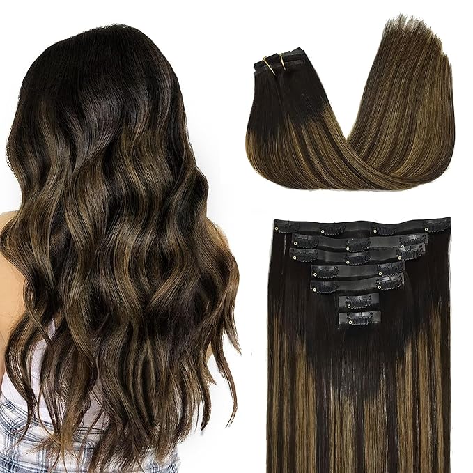GOO GOO Clip in Hair Extensions Real Human Hair, Remy Human Hair Extensions Clip ins for Women, Natural Human Hair, 20inch 150g 7Pcs, 1B/6/1B Balayage Natural Black to Chestnut Brown