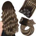 Moresoo Human Hair Clip in Extensions Balayage Dark Brown to Caramel Blonde with Dark Brown Remy Hair Extensions Clip in Straight Full Head 120g/7pcs 18 inch