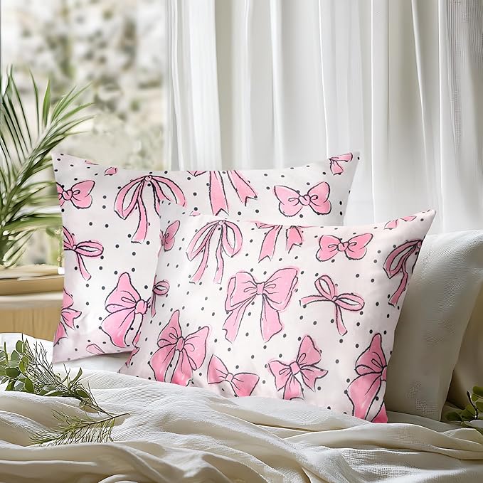 Bow Pink Satin Pillowcase for Hair & Skin Care, Standard Size Set of 2 - Luxurious Satin Pillow Cover with Envelope Closure(20x26 Inches)