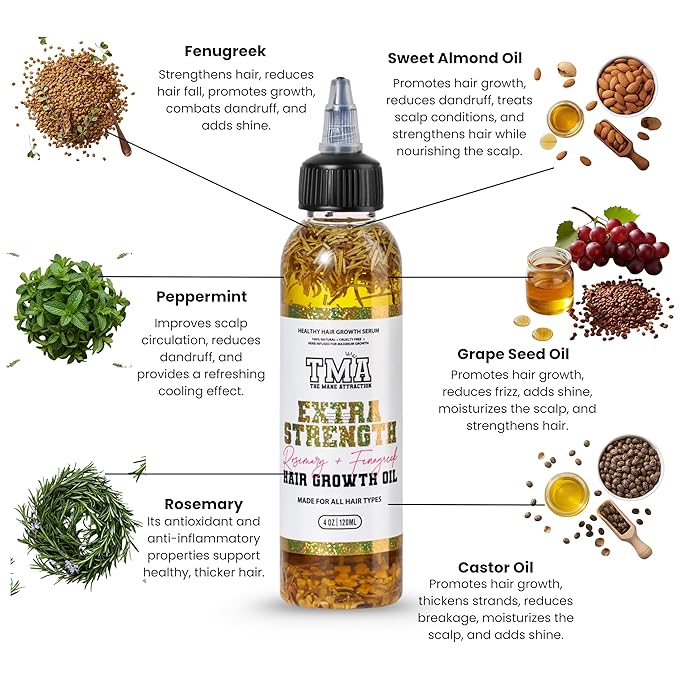 The Mane Attraction Extra Strength Rosemary + Fenugreek Herbal Hair Growth Oil | Infused With Castor Oil for ALL Hair Types