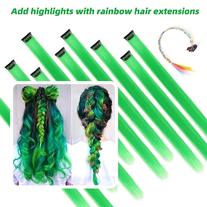 Green Hair Extensions Clip in, 22 Inch 10 Pcs Long Straight Colored, for Kids Girls Women Highlight Party, Synthetic