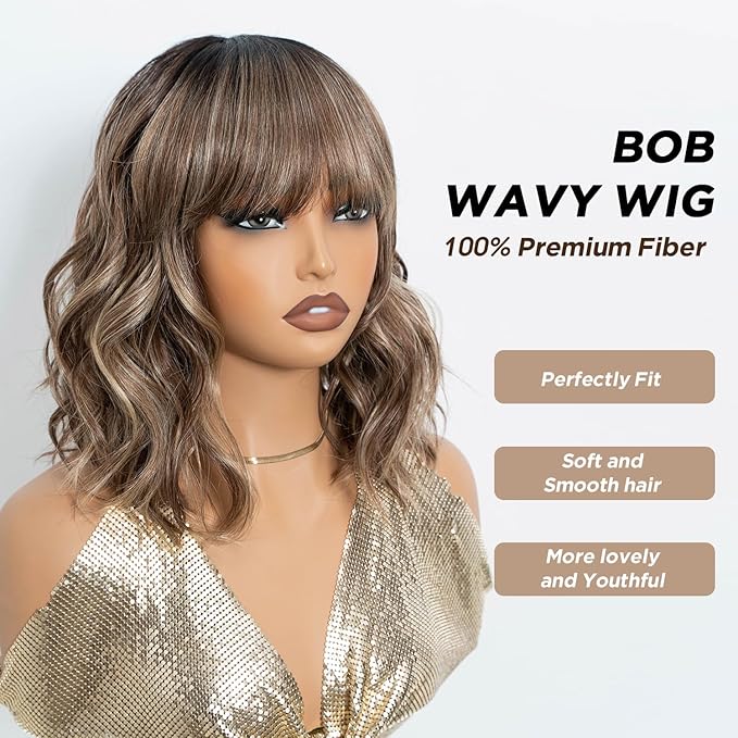 NOBLE Bob Wig with Bangs Short Wavy Wig for Women Ombre Mix Blonde Shoulder Length Wig Heat Resistant Synthetic Wigs for Daily Party Use 12 Inches