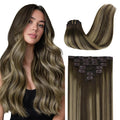 GOO GOO Clip in Hair Extensions Real Human Hair, Remy Human Hair Extensions Clip ins for Women, Natural Human Hair, 16inch 120g 7Pcs, 4/26/4 Balayage Chocolate Brown to Honey Blonde