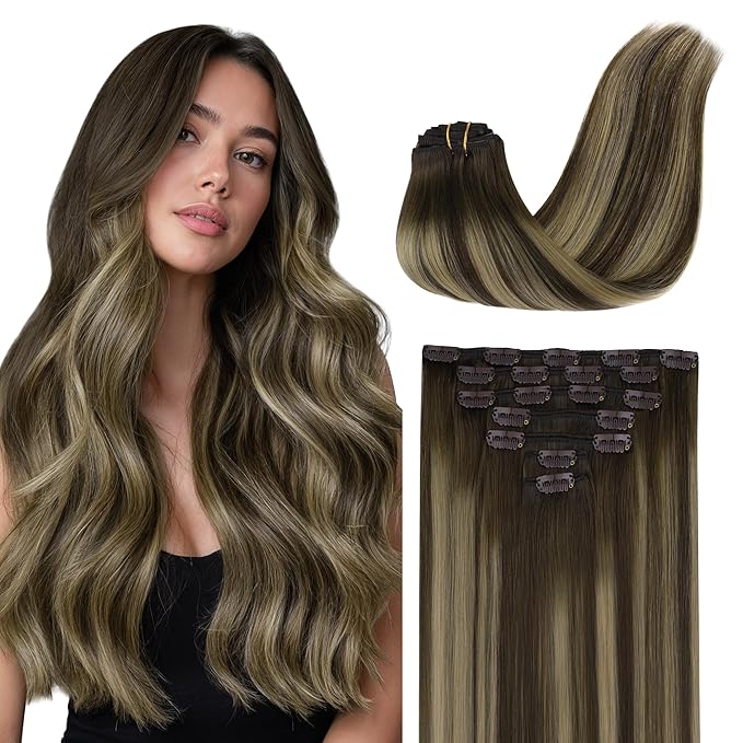 GOO GOO Clip in Hair Extensions Real Human Hair, Remy Human Hair Extensions Clip ins for Women, Natural Human Hair, 26inch 135g 7Pcs, 4/26/4 Balayage Chocolate Brown to Honey Blonde