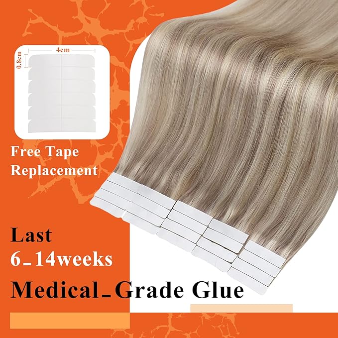 Full Shine Tape in Hair Extensions Human Hair Color 18 Ash Blonde Highlight 613 Blonde Seamless Real Remy Skin Weft 24Inch Thick Hair Extensions Add Length 20Pcs 50 Gram Invisible Brazilian Woman