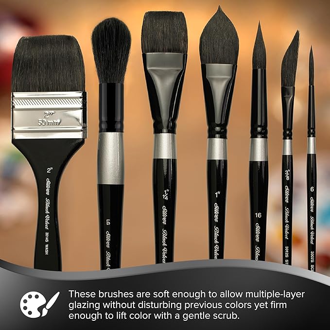 Silver Brush Limited WC-3208S Black Velvet Variety Set, Professional Premium Artist Paintbrushes for Watercolor, Gouache, Inks, & Dyes, Set of 3, Round, Script Liner, & Flat Wash Brushes, Short Handle