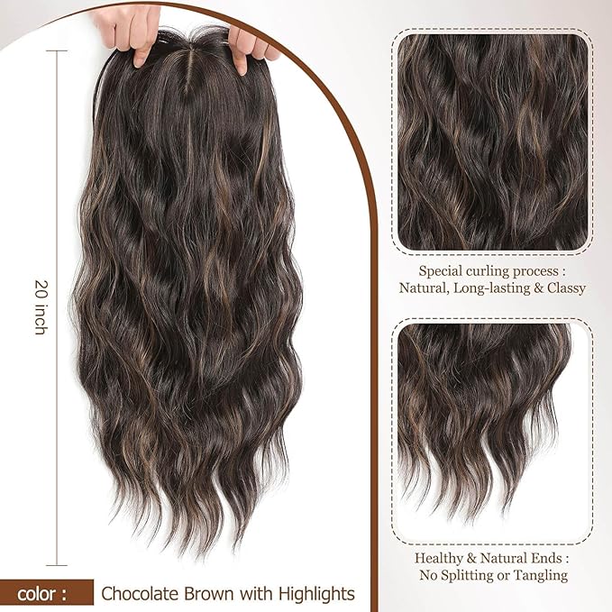 MORICHY Hair Toppers for Women Clip in Hair Topper with Bangs 20inch Chocolate Brown with Highlights Long Wavy Curly Synthetic HairPieces for Women