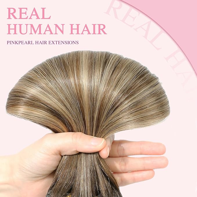 PINKPEARL Clip in Hair Extensions Human Hair, Remy Human Hair Clip ins for Women #4/27/4 Chocolate Brown to Caramel Blonde Balayage Clip Hair Extensions 7pcs 120g 18inch(#4/27/4-18)