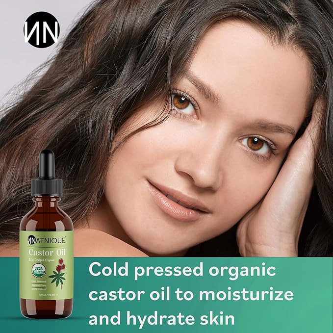 Natnique Castor Oil 4oz – USDA Certified Organic, 100% Pure Cold Pressed Unrefined Oil for Hair Growth, Eyelashes, Eyebrows & Scalp – Natural Skin Moisturizer, Lash Serum & Hair Treatment