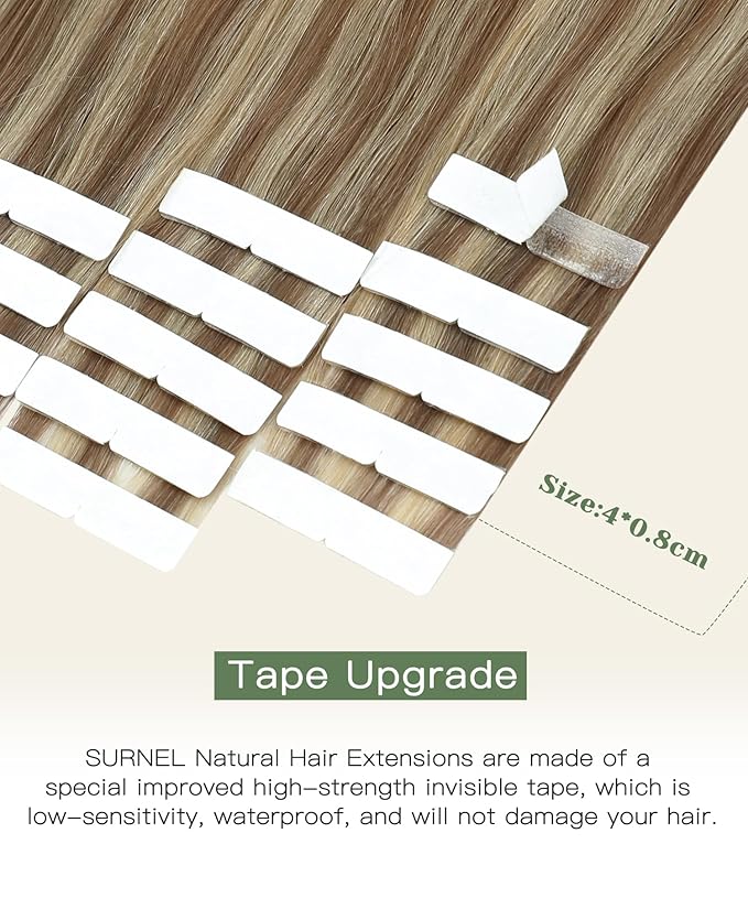 SURNEL Injected Tape in Hair Extensions Golden Brown to Caramel Blonde Seamless Tape in Real Human Hair Invisible Extensions 16Inch 20pcs/pack 35g(#102727,16)