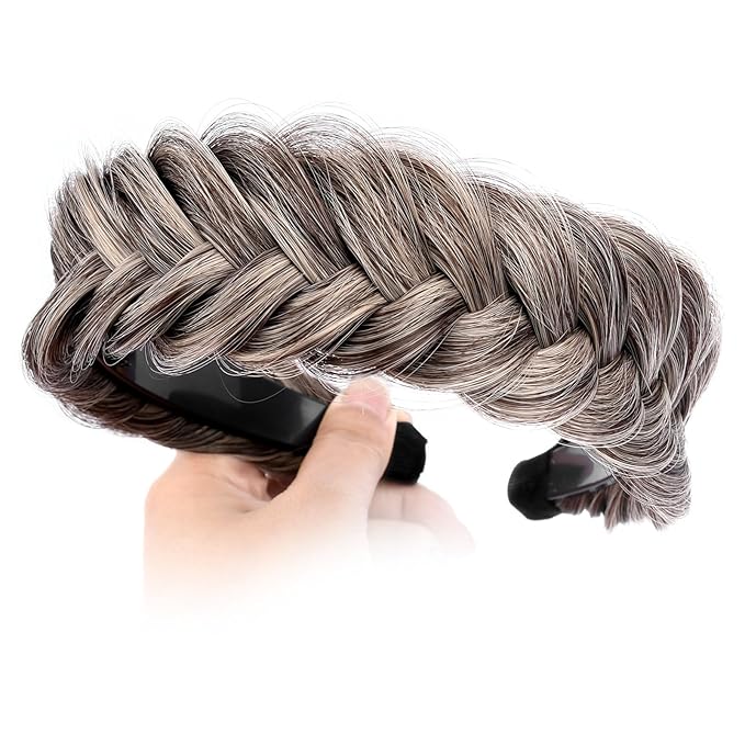 DIGUAN Wide Messy Braided Headband With Teeth Synthetic Hair Plaited Headband High Elasticity Braids Chunky Fishtail Braided Hair Band Hairpiece for Girls Women Beauty Accessory (Gray Brown)