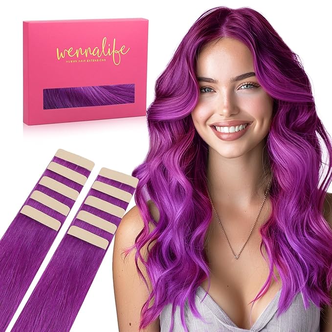Wennalife Purple Tape in Hair Extensions, 10pcs 30g 24 inch Remy Invisible Tape Ins Straight Colored Soft Real Human Hair Tape in Extensions Refill Set Extensions