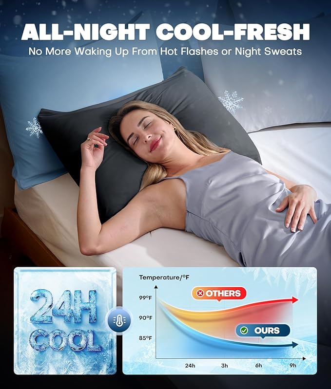 Ultra-Chill Cooling Pillowcase Set of 2 for Hot Sleepers, Softer Than Silk Pillow Cases for Protecting Hair & Skin, Breathable Bed Pillow Covers w/Zipper, Gifts for Women & Men(Dark Gray, Standard)