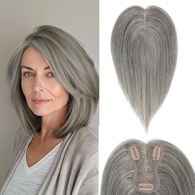 Hair Toppers for Women 10 Inch No Bangs Hairline Topper Wiglets Hairpiece Swiss Base Mixed Light Grey Hairline Topper Wiglets Hairpieces for Thinning Hair Swiss Base Mixed Light Grey (Grey)