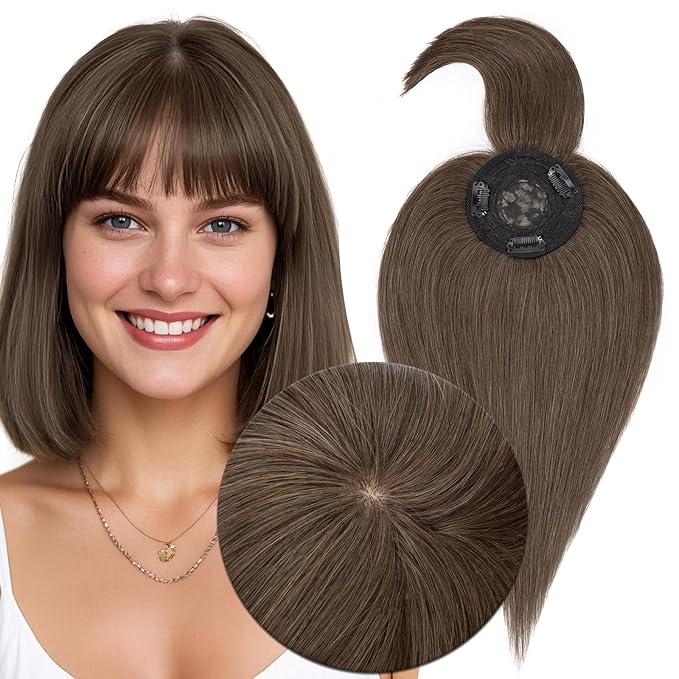 MY-LADY Human Hair Toppers for Women Real Human Hair with Bangs Thin 8.5 * 8.5CM Mono Base Clip in Remy Hairpieces Light Weight 14 Inch Dark Brown