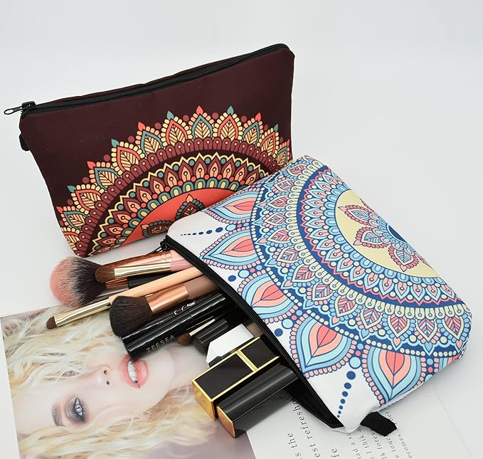 2 Pcs Cosmetic Bag for Women Small Make Up Bag Waterproof Travel Toiletries Pouch with Zipper for Organizing Small Items, Gift Bags for Birthday Christmas(Mandala)