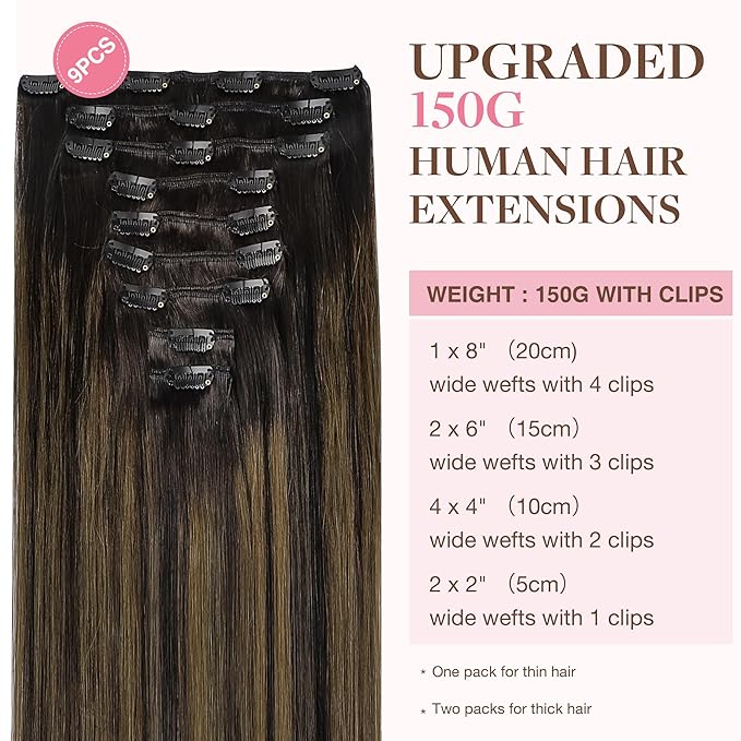 GOO GOO Clip in Hair Extensions Real Human Hair, Remy Human Hair Extensions Clip ins for Women, Natural Human Hair, 20inch 150g 9Pcs, 2/6/2 Balayage Dark Brown to Chestnut Brown