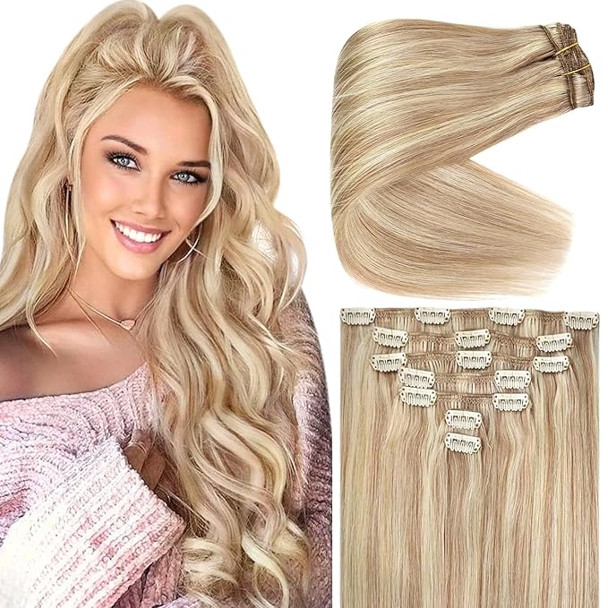 Ve Sunny Blonde Clip in Hair Extensions Real Human Hair for Women Highlight Hair Extensions Clip in Remy Human Hair Full Head Warm Color 7pcs 120g 22inch