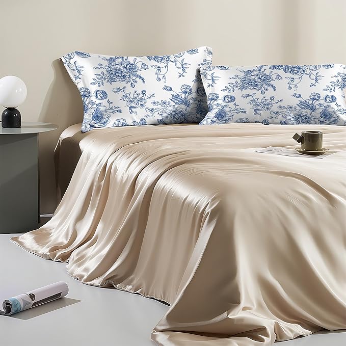 Satin Pillowcase 1 Pack-Blue Flowers Peonies Roses Silky Pillow Cover for Hair and Skin,King Size 20x36 Inch Soft Cooling Printed Pillow Cases with Hidden Zipper,Gifts for Women Men