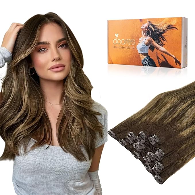 DOORES Human Hair Extensions Clip in Chocolate Brown to Caramel Blonde 20 Inch 7pcs 120g Real Hair Extensions Clip in Straight Balayage Silky Weft