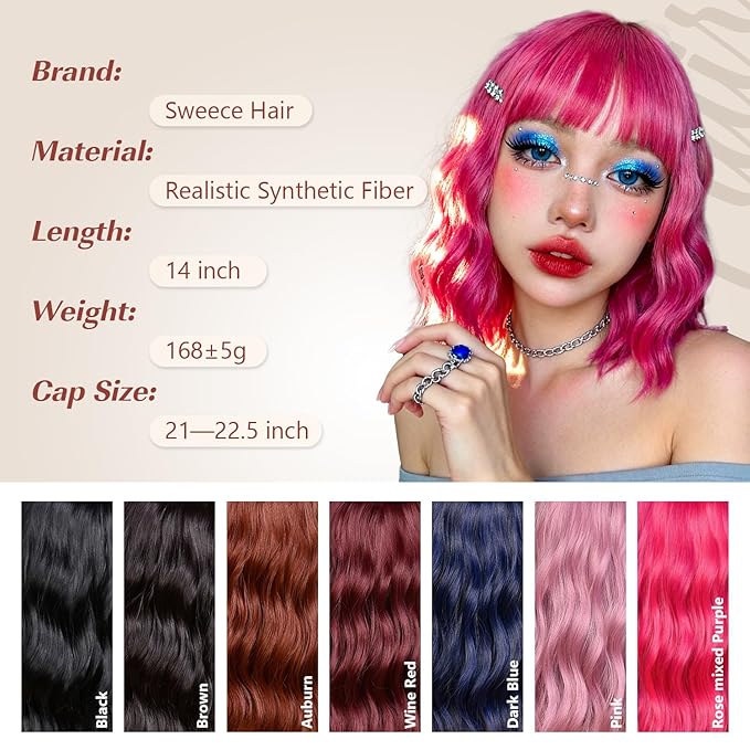 Bob Wig With Bangs Wave Wigs for Women 14 Inch Short Loose Wavy Heat Resistant Synthetic Wig Shoulder Length Hair for Daily and Cospaly Party Use (Rose mixed Purple)