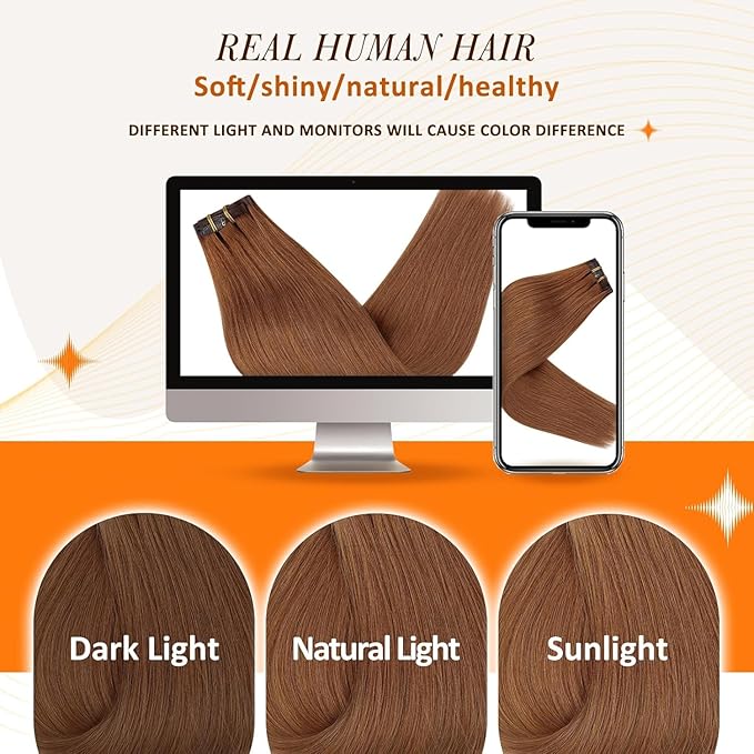Full Shine Hair Clip in Extensions 22 Inch Copper Red Real Hair Extensions Clip in Human Hair Skin Weft Auburn Brown for Straight Add Volume 120 G 8 PCS