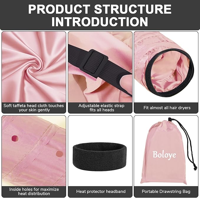 Hair Dryer Bonnet for Women, Large Hooded Attachment for Long Curly Braided Hair, Speeds Up Drying & Deep Conditioning, Fits All Head Sizes, Rose Gold (Extra Large)