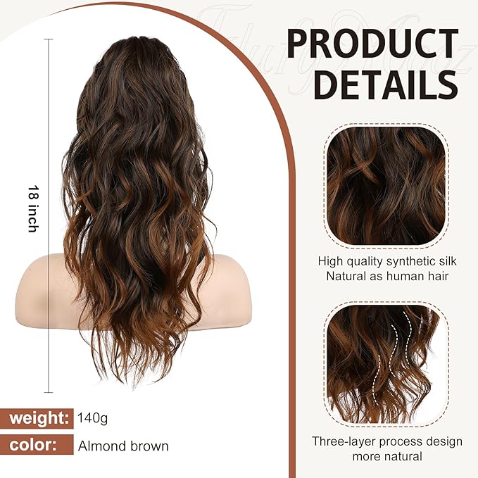 FLUFYMOOZ Ponytail Extension, 18 Inch Claw Clip Ponytail Extension, Wavy Curly Claw Clip in Ponytail Hair Extensions, Natural Fake Ponytail Synthetic Hairpiece for Women (Almond brown)