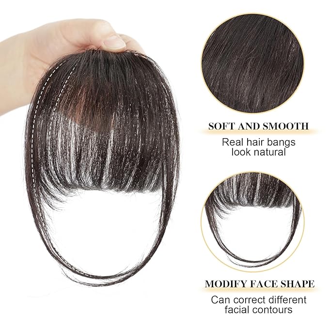 BOGSEA Clip in Bangs Real Human Hair Bangs Hair Clip Fringe with Temples Hairpieces for Women Natural Looking Fake Bangs for Daily Wear (Wispy Bangs, Dark Brown)