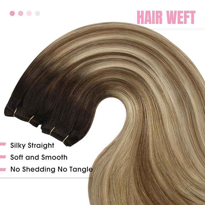 YoungSee Sew in Hair Extensions Real Human Hair Brown Ombre Human Hair Weft Extensions Dark Brown Roots to Medium with Blonde Hair Extension Sew in Long Straight Hair 100G 22Inch