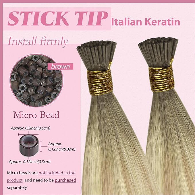 YoungSee I Tips Hair Extensions Ombre 14 Inch I Tip Extensions Ash Blonde Ombre Platinum Blonde Balayage Itip Hair Extension Real Human Hair 80s 50g Fusion Hair Extension for Short Hair