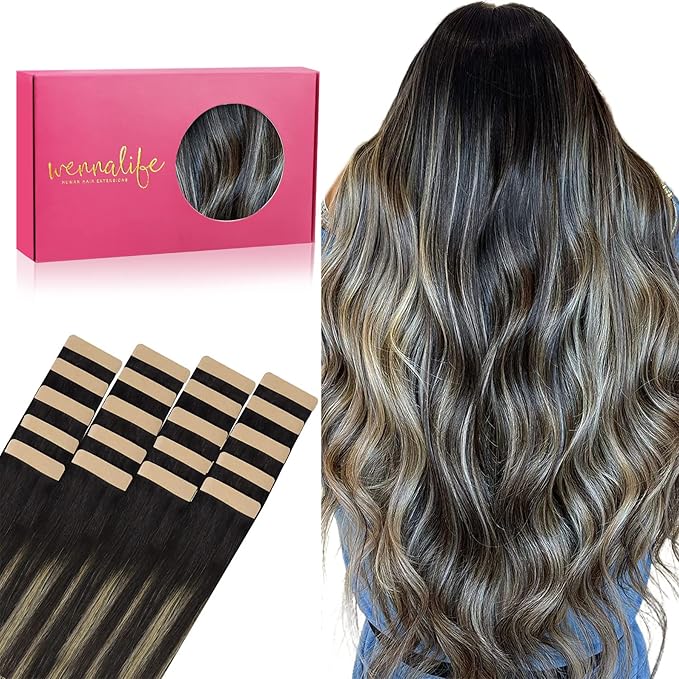 WENNALIFE Tape in Hair Extensions Human Hair, 20pcs 50g 22 inch Natural Black to Light Blonde Remy Hair Extensions Straight Human Hair Tape in Extensions Skin Weft Tape Extensions Human Hair