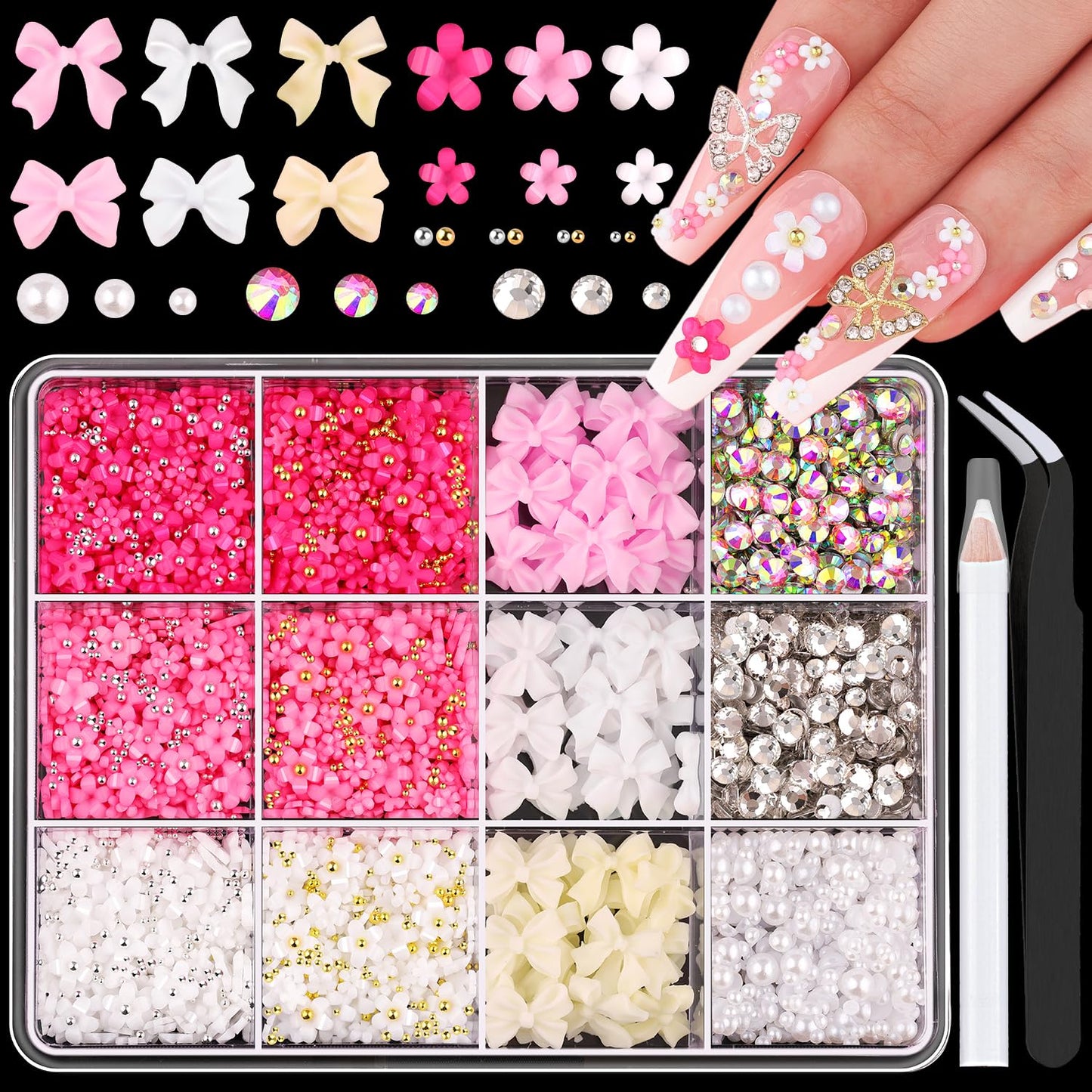3D Nail Charms and Gems Set 5, 75PCS Chunky Coquette Pink and White Bow Nail Charms + Kawaii Cute 3D Flowers for Nails + Clear and AB Glass Rhinestones + Flatback Pearls for Y2K Acrylic Nail Design
