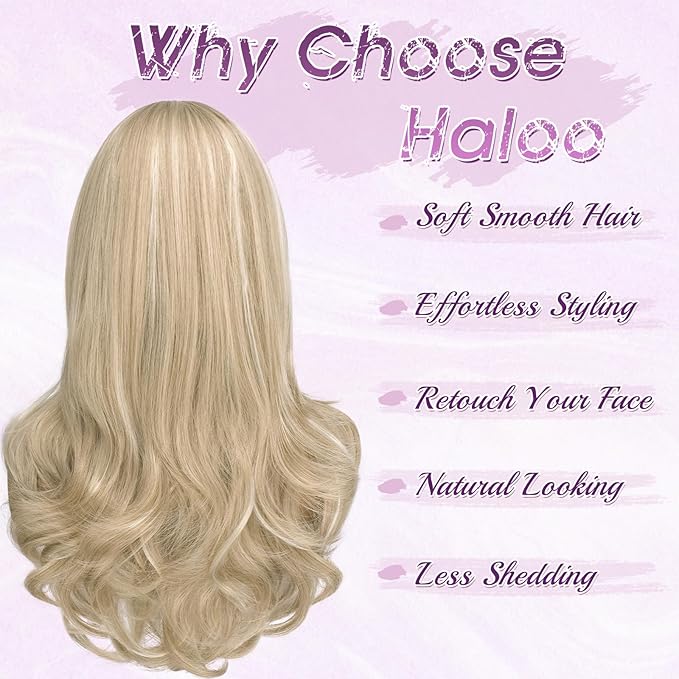 Haloo Blonde Wigs with Bangs Long Wavy Layered Haircut Natural Looking Fluffy Synthetic Heat Resistant Hair Wig for Women Daily Party, 24 Inch Dirty Blonde