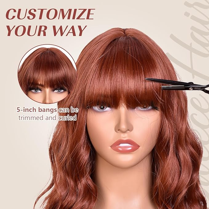 Bob Wig With Bangs Wave Wigs for Women 14 Inch Short Loose Wavy Heat Resistant Synthetic Wig Shoulder Length Hair for Daily and Cospaly Party Use (Auburn)