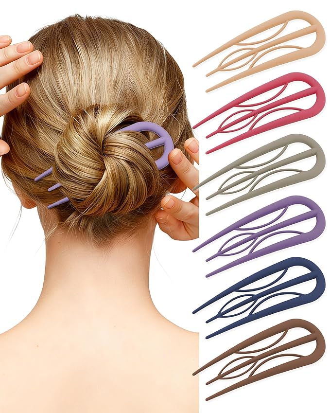 French Hair Pin for Women - U-Shaped Hair Fork for Updos, Chignons & French Twists, Durable Acrylic, Secure & Elegant Styling for All Hair Types (Dark 6 Colors (Matte))