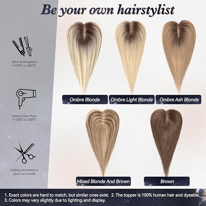 starluck Hair Toppers for Women Real Human Hair With Bangs, 100% Remy HumanHair Toppers for Women Hand-woven with Thinning,Cover Gray Roots,Adds Volume,Mixed Blonde And Brown