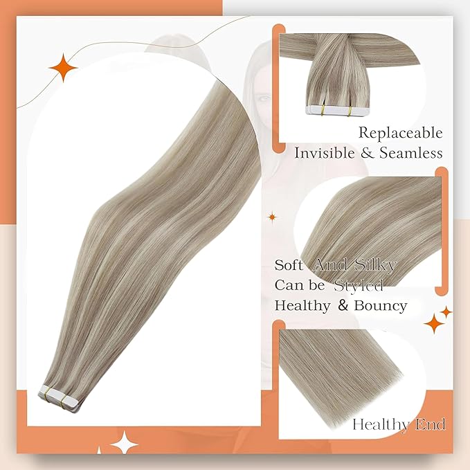 Full Shine Ash Blonde Tape in Hair Extensions Color 18P613 Highlighted Tape in Extensions 20Inch 100G Straight Soft Extension Seamless Skin Weft for Women Daily Office Look 40Pcs