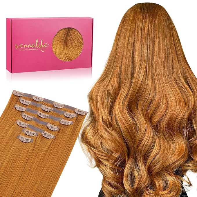 WENNALIFE Seamless Clip In Hair Extensions Human Hair, 18 Inch 130g 7pcs Auburn Ginger Real Hair Extensions Clip in Human Hair Invisible PU Skin Weft Natural Remy Human Hair Extensions