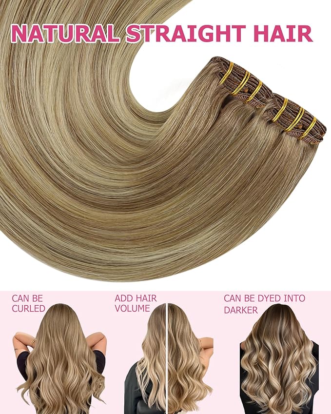 YoungSee 135g Real Hair Extensions Clip in Human Hair Light Brown Clip in Hair Extensions Balayage Clip in Extensions Real Human Hair Light Brown Mix Blonde Thick Remy Hair 16 inch 7pcs