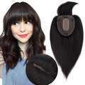 Hair Toppers for Women Real Human Hair With Bangs, 13 * 15 cm Larger Silk Base 150% Density Clip In Topper Hairpieces, Wiglet Top Pieces Add Volume -12 Inch 01B Natural Black