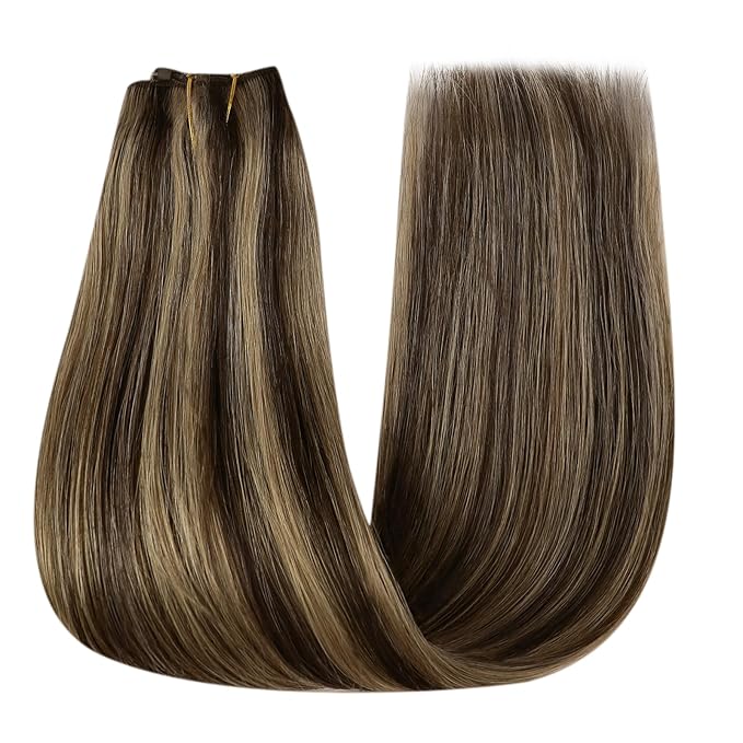 YoungSee 135G Invisible Wire Hair Extensions Real Human Hair Brown Highlights Wire Human Hair Extensions Highlights Dark Brown with Blonde One Piece Hair Extensions Long Straight Hair 24inch