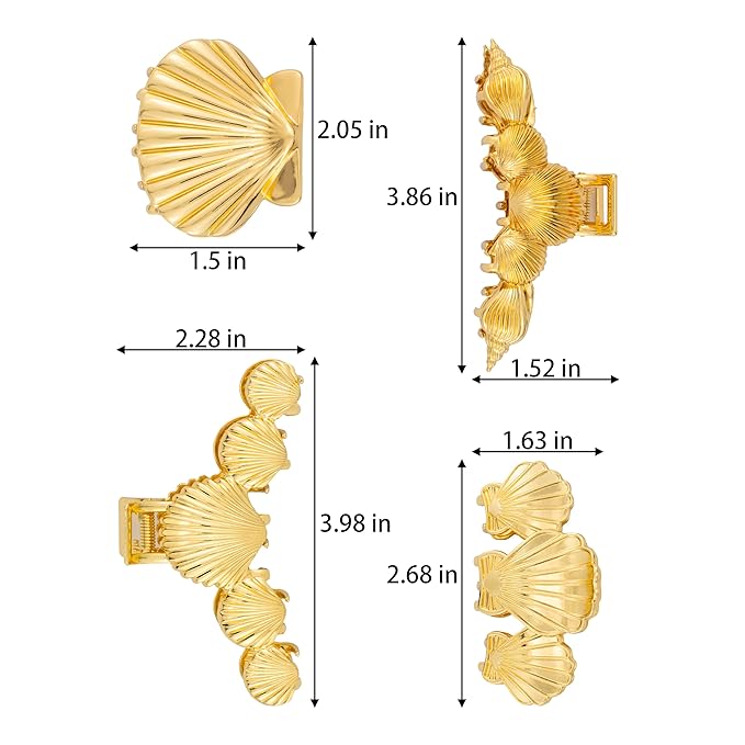 4PCS Gold Seashell Metal Claw Clips, Large Heavy Duty Hair Clips for Thick Hair, Beachy Bling Hair Accessories for Women & Girls